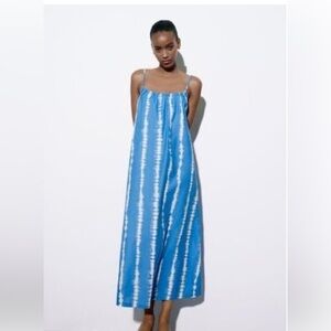 ZARA Striped Midi Viscose/Linen Midi Dress Blue/White 3296/423 Size XL